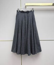 Christian Dior Women's High-Waisted Drawstring Pleated Midi Skirt Gray