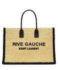 Saint Laurent Rive Gauche Tote Bag In Raffia And Leather Apricot